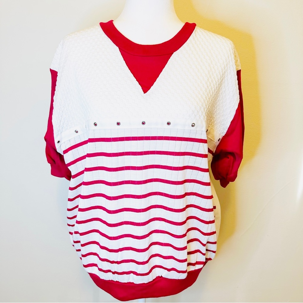 Vintage 80s Casual Shirt Womens Medium Pink Striped Short Sleeve Pullover Top